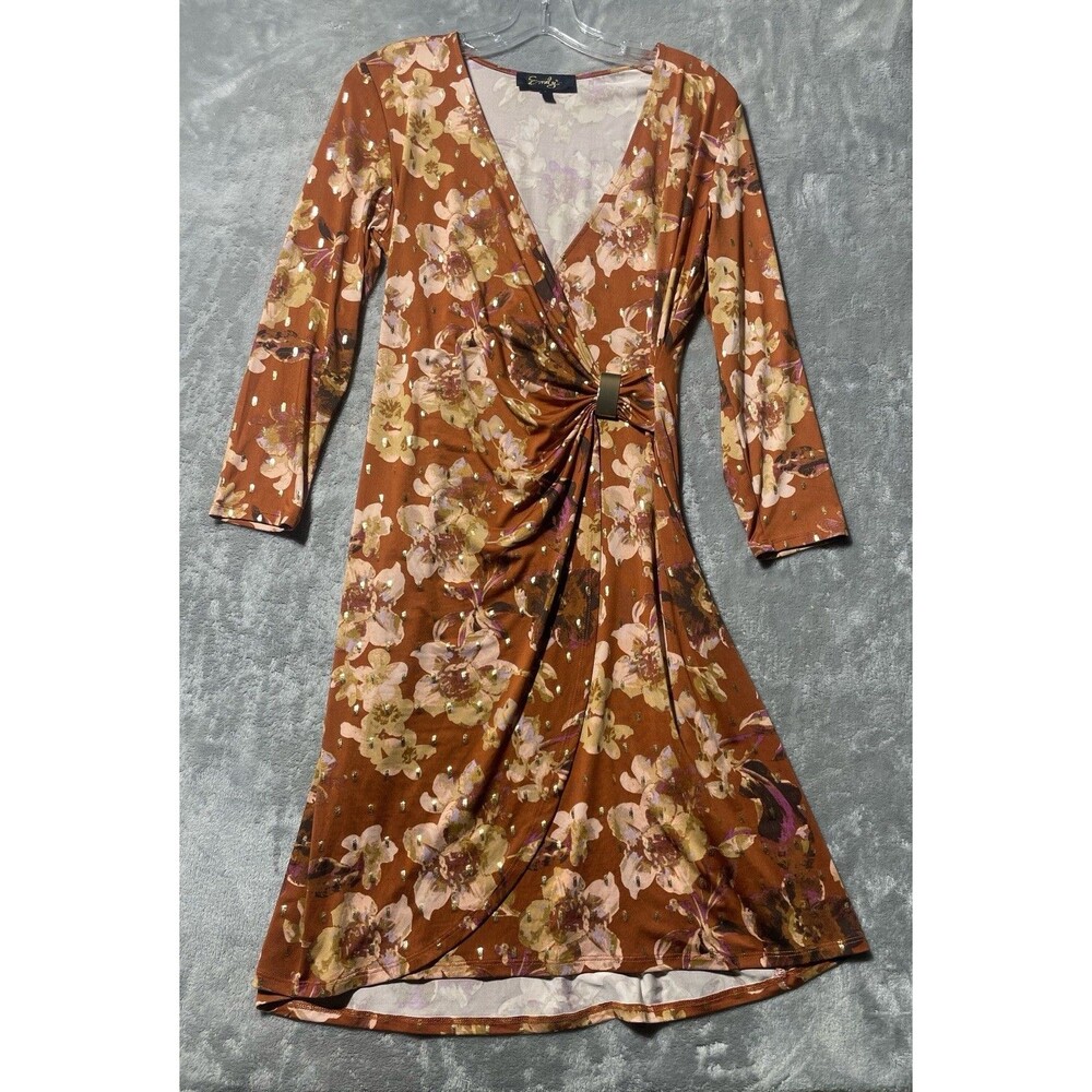 Emily Fall Colored Floral Midi V-Neck Dress Gold Accents Women’s Size 8